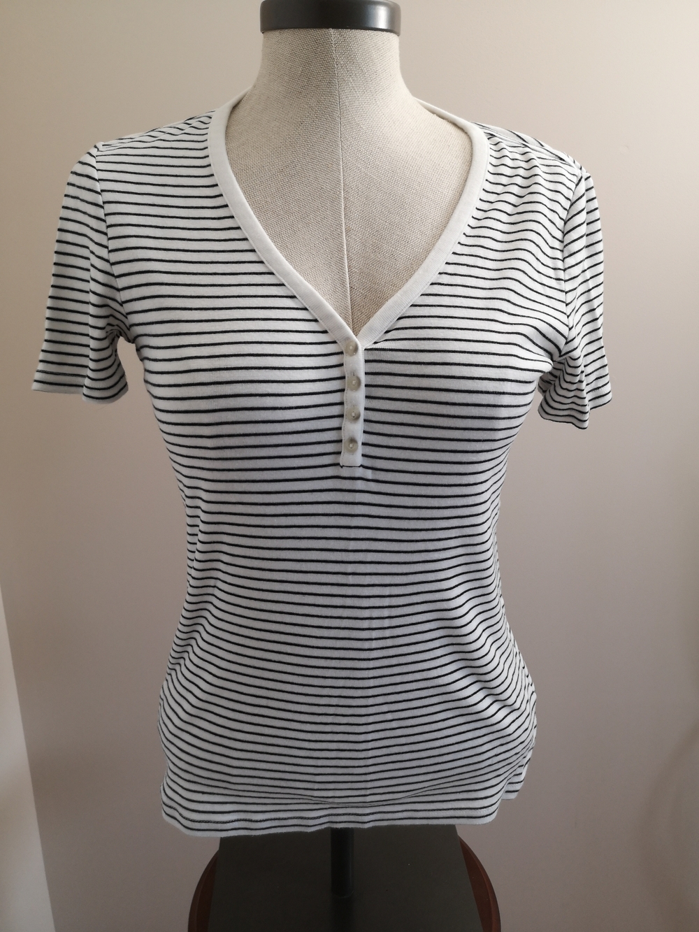 GAP Black & White Striped Henley Tee, Size M — Soft Ribbed Knit